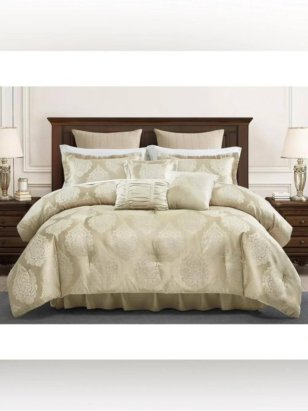 Luxury Damask queen 3 piece Comforter Set in Beige